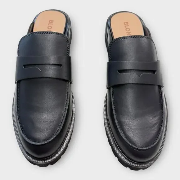 NEW Penny Loafer Mule Womens 10 Black Leather Lug Sole Slide On Waterproof. - Picture 4 of 12